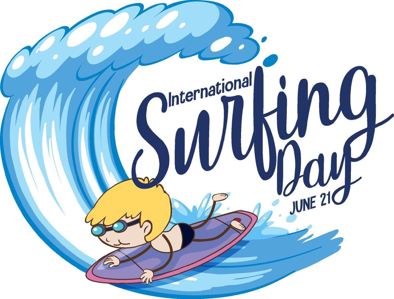 police de la journée internationale du surf avec un personnage de dessin animé de surf garçon vecteur