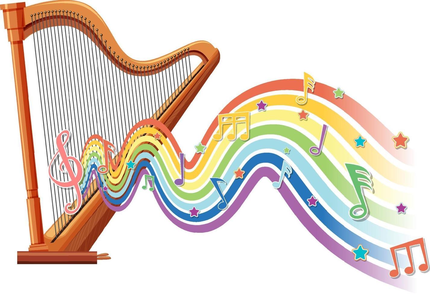 harpe avec symboles de mélodie sur la vague arc-en-ciel vecteur