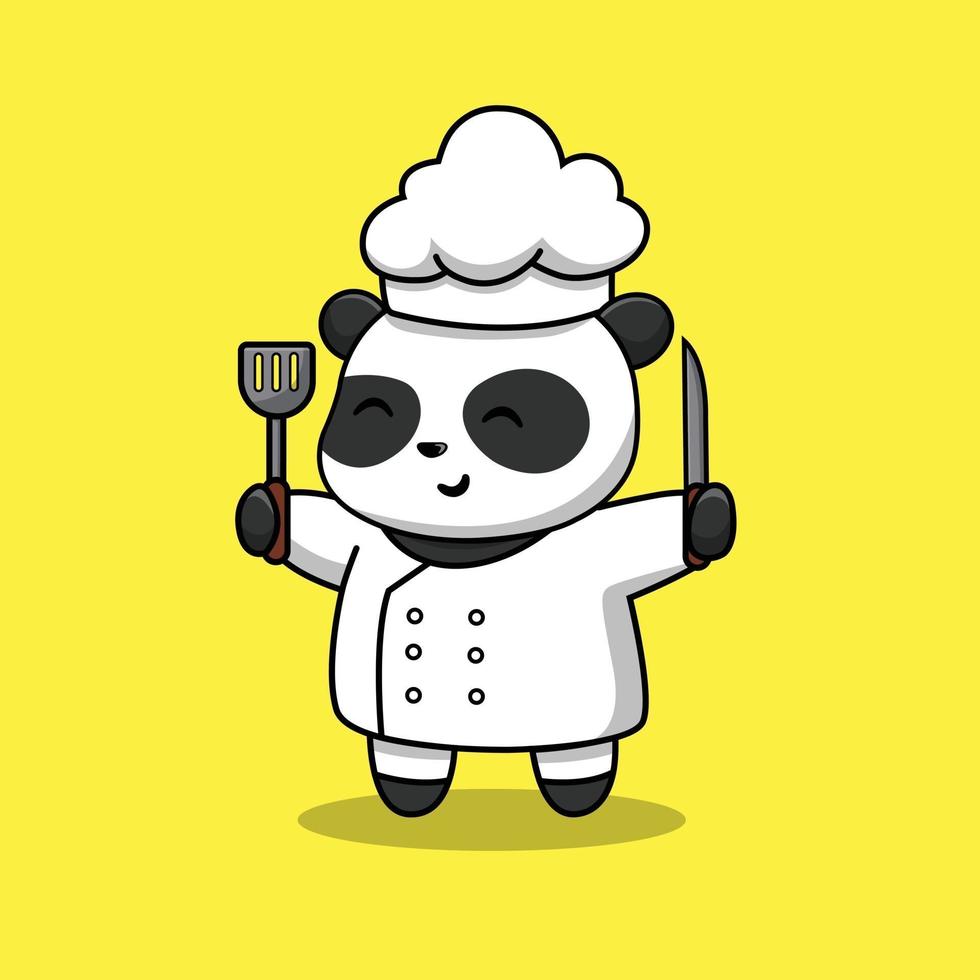 chef panda mignon tenant une spatule et un couteau vecteur