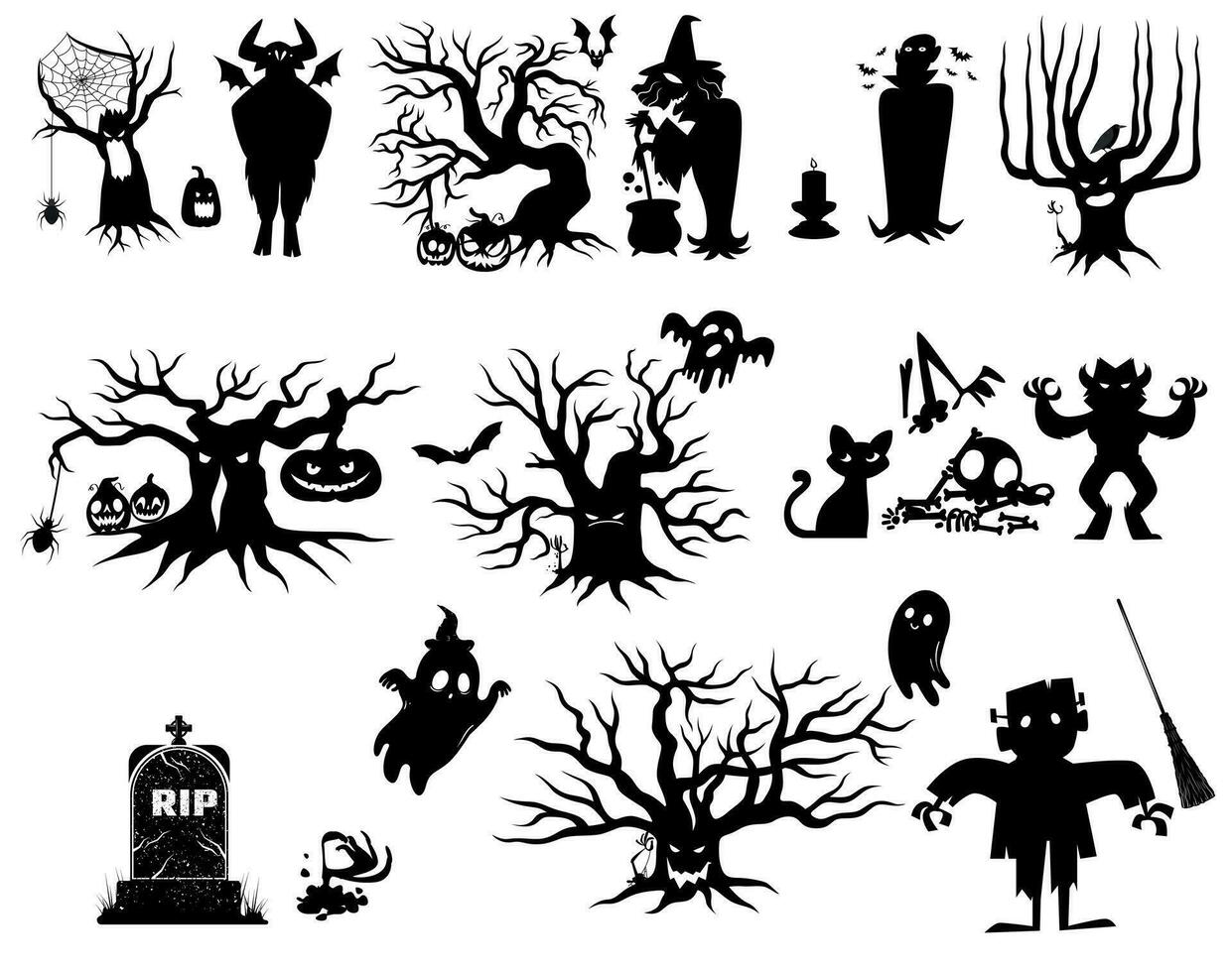 noir silhouettes de effrayant Halloween mort des arbres avec lanterne citrouilles bougies et animaux éléments ensemble vecteur