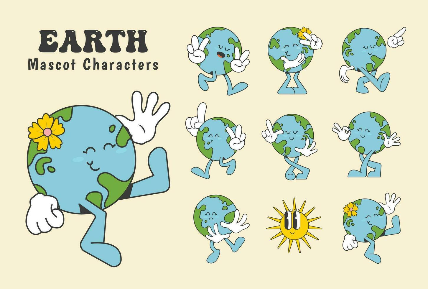 Terre dessin animé mascotte personnages dans branché rétro style, vecteur illustration