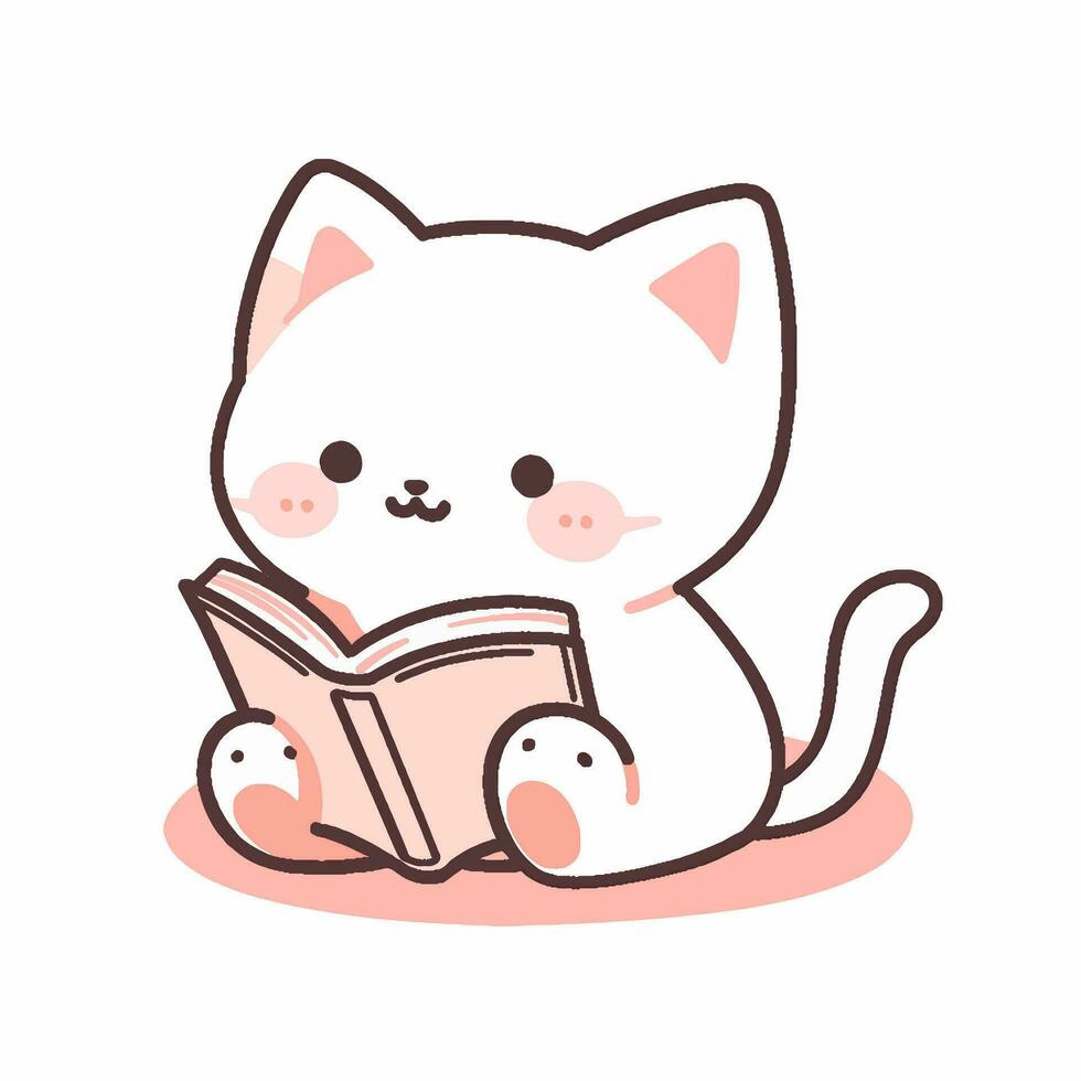 dessin animé style chat en train de lire livre. main tiré vecteur illustration.