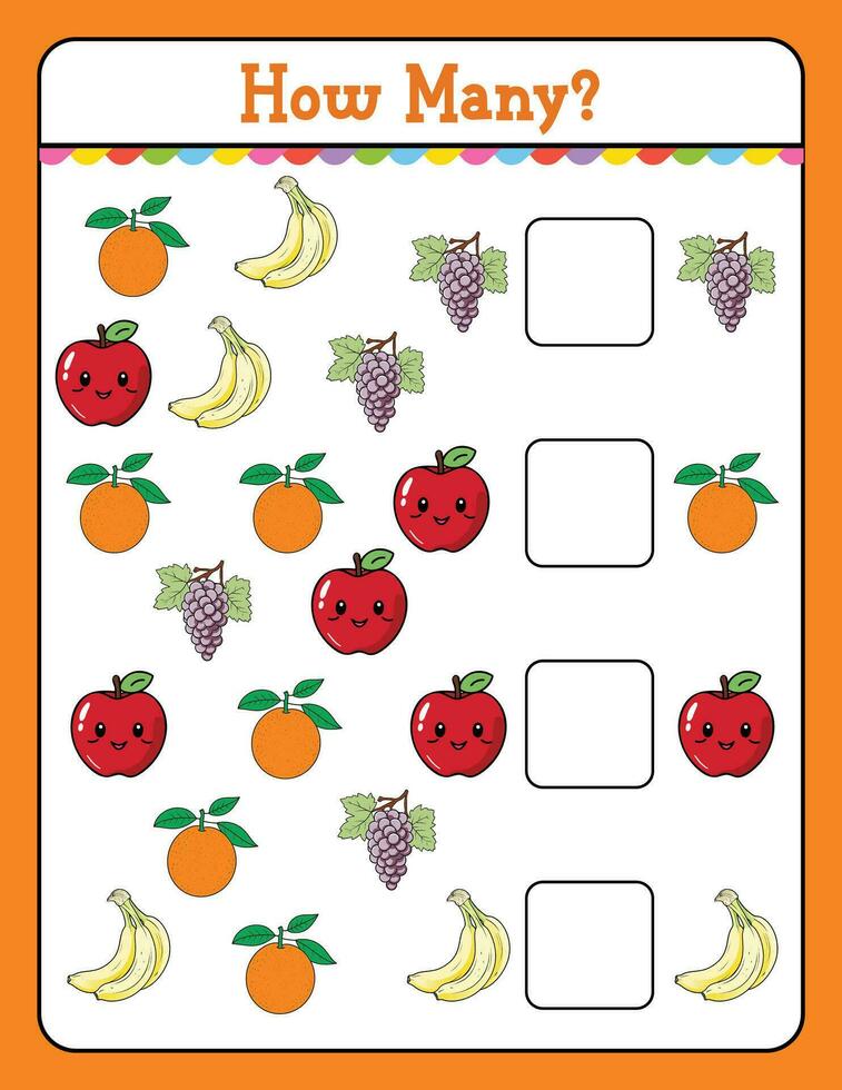 Comment beaucoup Jeu pour des gamins recherche et compte activité pour préscolaire les enfants avec fruit vecteur