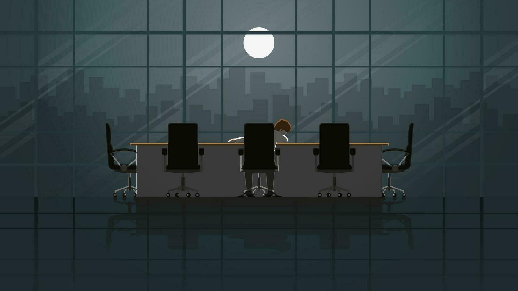 une Bureau homme asseoir et en train de dormir dans Bureau réunion pièce lieu de travail à nuit. vecteur