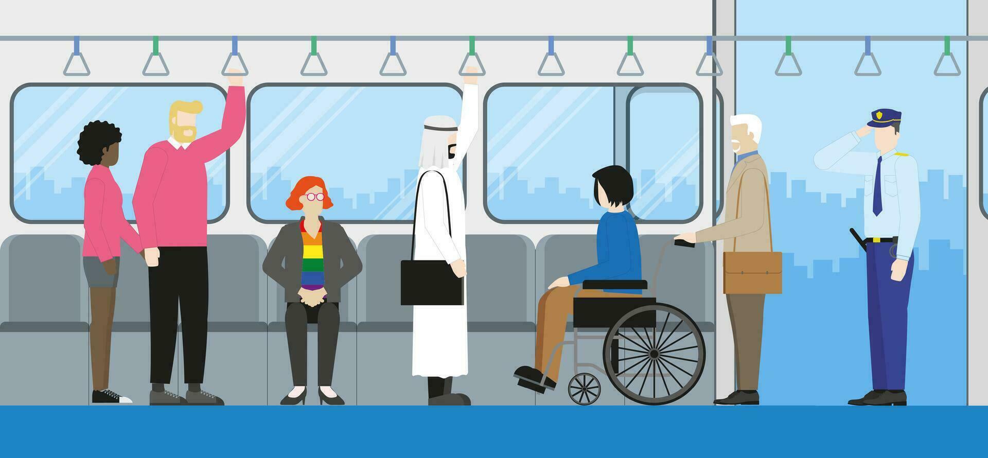 la diversité gens permanent à l'intérieur le train à Publique transport gare. vecteur