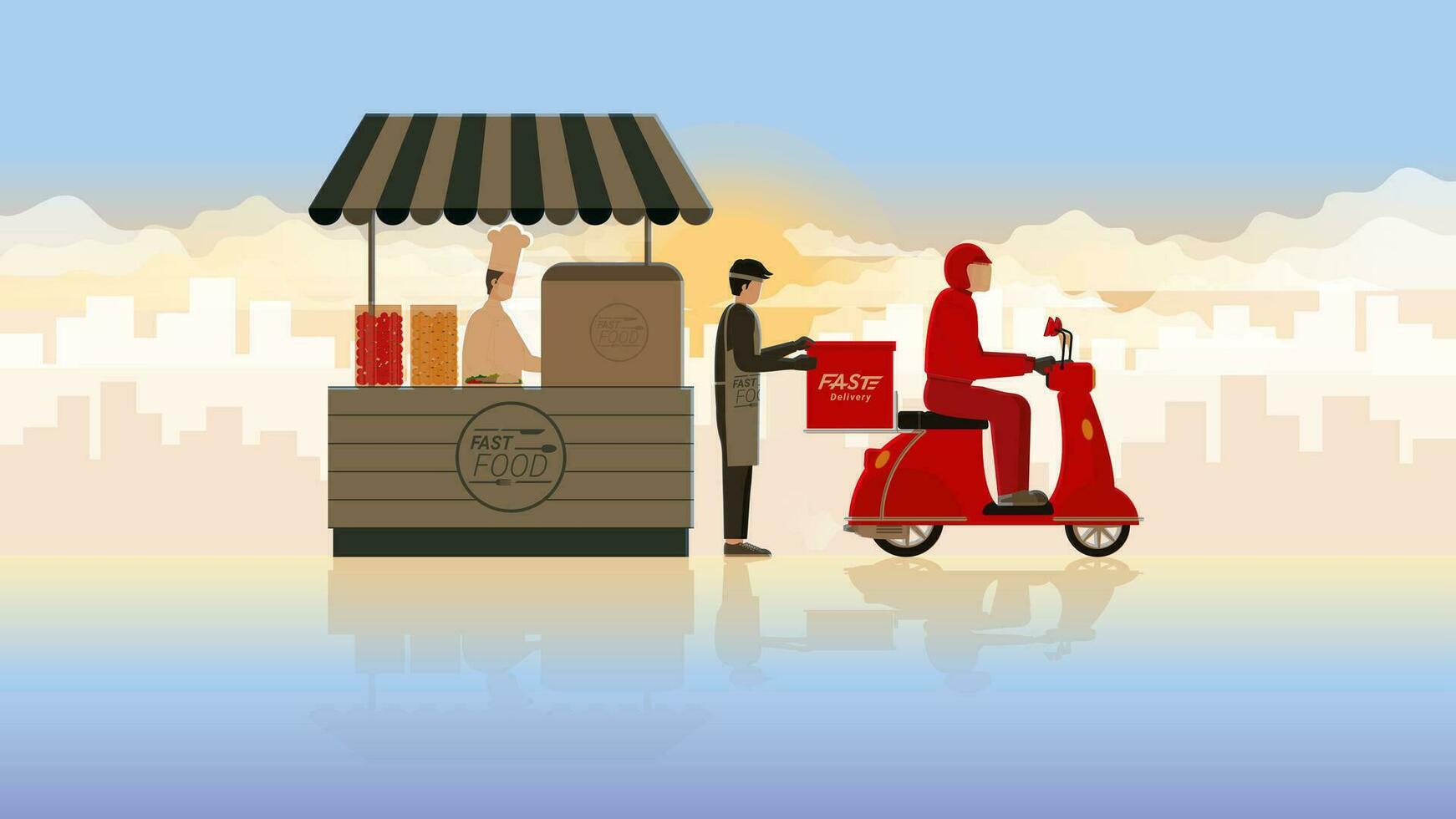 livraison homme sur moto Etre prêt pour nourriture commande de une chef dans kiosque magasin vecteur