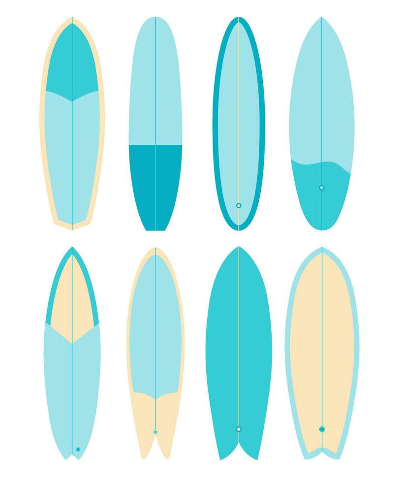 surfant. ensemble de des illustrations de planches de surf dans bleu couleurs sur une blanc Contexte. vecteur