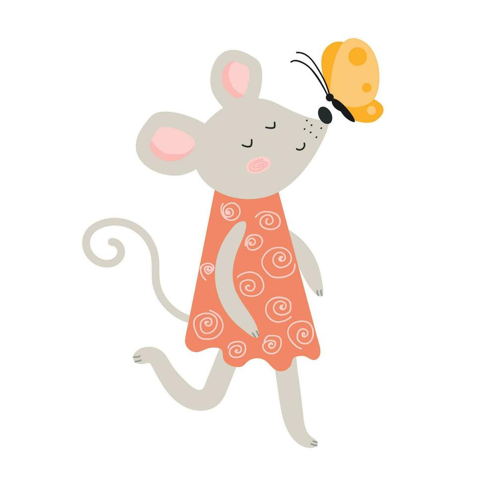 mignonne vecteur Souris avec une papillon. gris dessin animé Souris dans une robe. mignonne enfants vecteur illustration. blanc isolé Contexte.