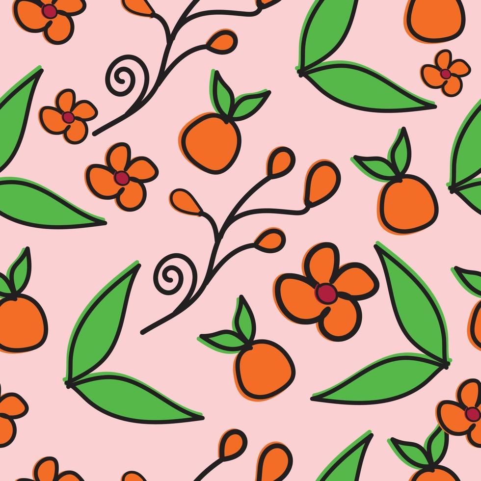 modèle sans couture de plantes mignonnes, de fruits orange et de fleurs vecteur