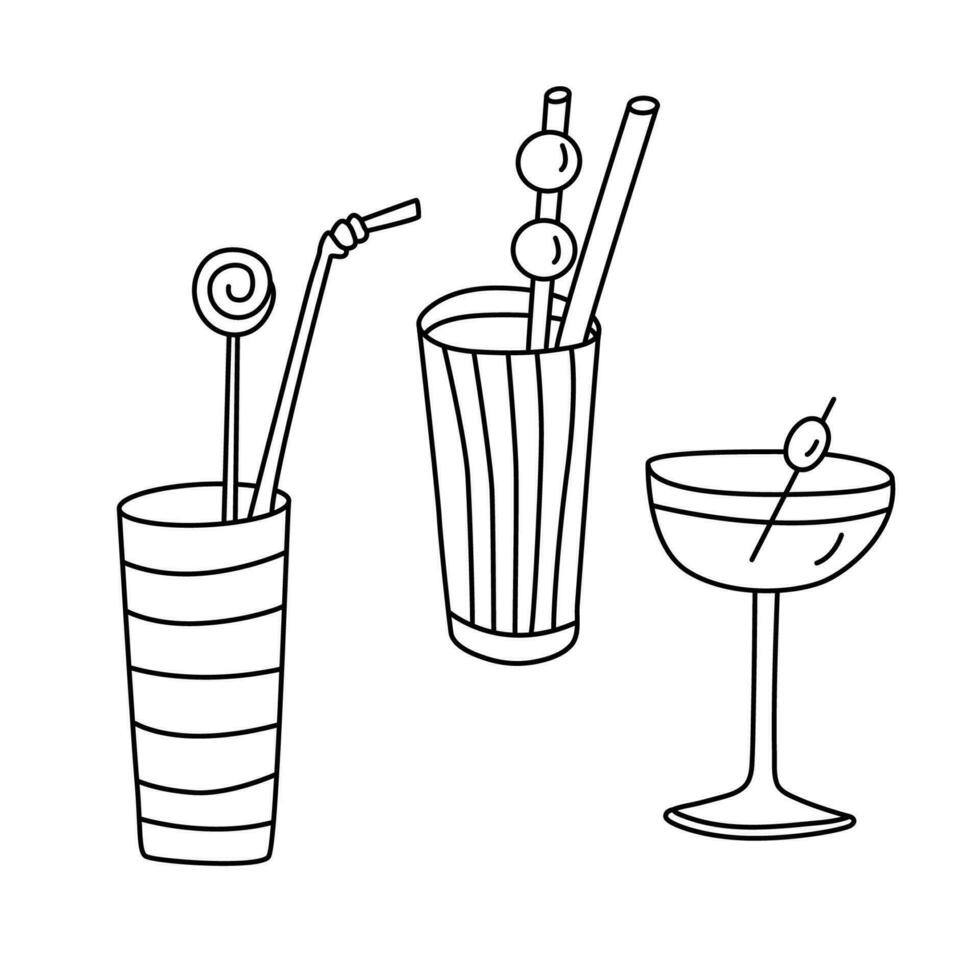 les boissons des cocktails main tiré griffonnage vecteur illustration noir contour. génial pour coloration , menu, salutation cartes.