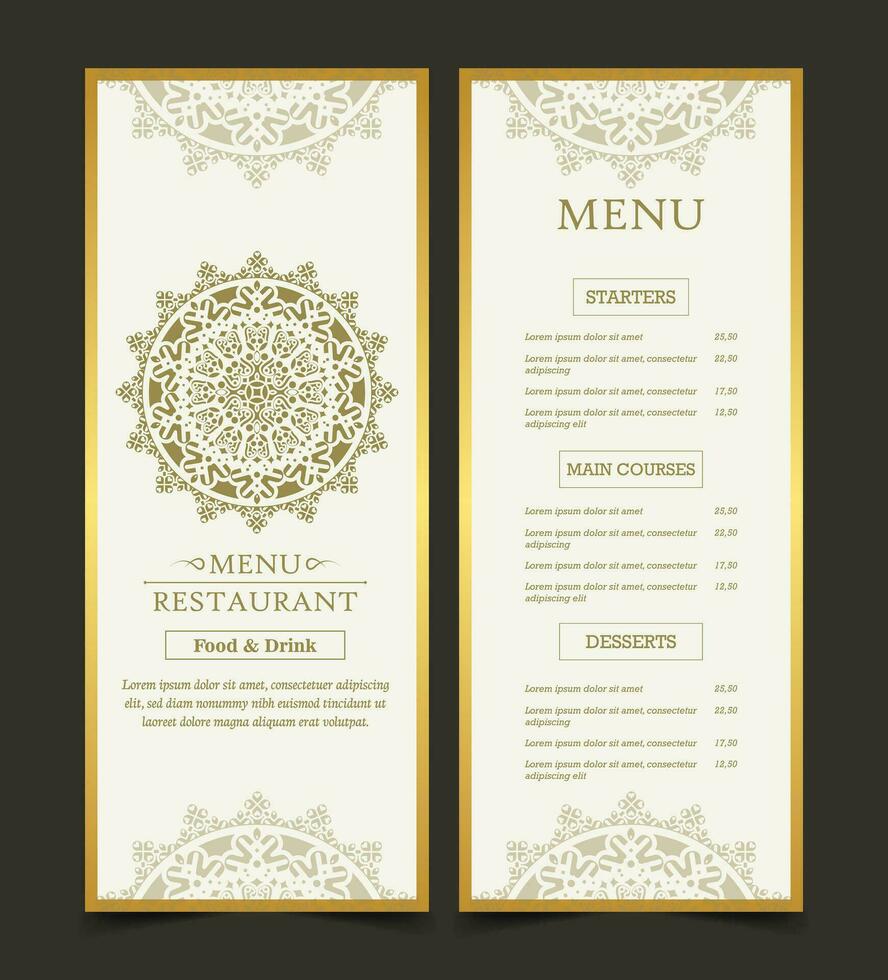 menu de restaurant en or avec un style ornemental élégant vecteur