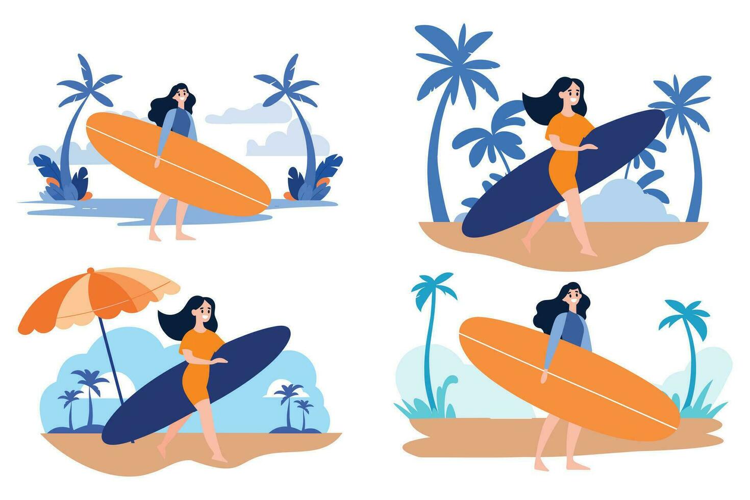 main tiré touristique adolescent personnages sont en jouant planches de surf à le mer dans plat style vecteur