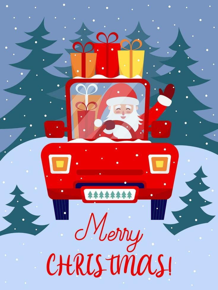 Père Noël claus conduite une voiture avec cadeaux Noël plat illustration. joyeux Noël plat salutation carte avec Père Noël dans voiture et cadeau des boites. vecteur Stock illustration.