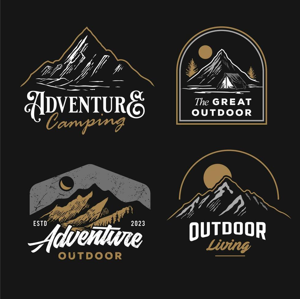 classique T-shirt graphique art actifs. ensemble collection de ancien aventure badge . camping emblème logo avec Montagne illustration dans rétro branché style. vecteur