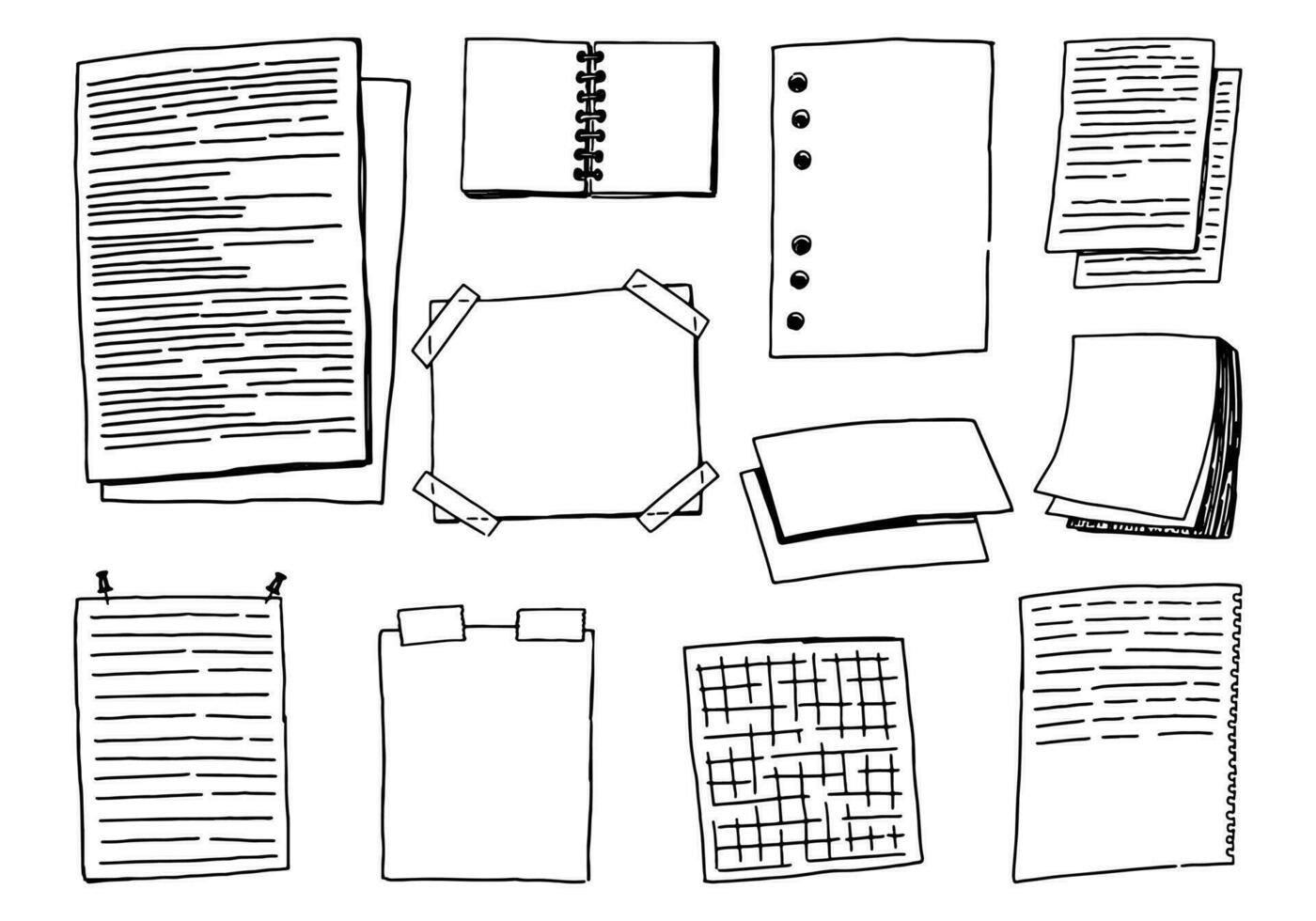 ensemble de note pages, papier Vide modèle, bloc-notes dans griffonnage style. agrafe les arts pour agenda, du quotidien planification. main tiré vecteur élément. contour dessin isolé sur blanche.