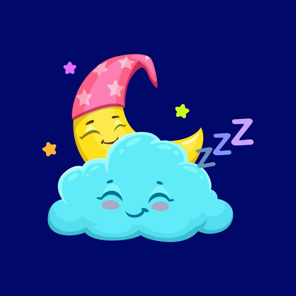 dessin animé mignonne nuage et croissant en train de dormir dans ciel vecteur