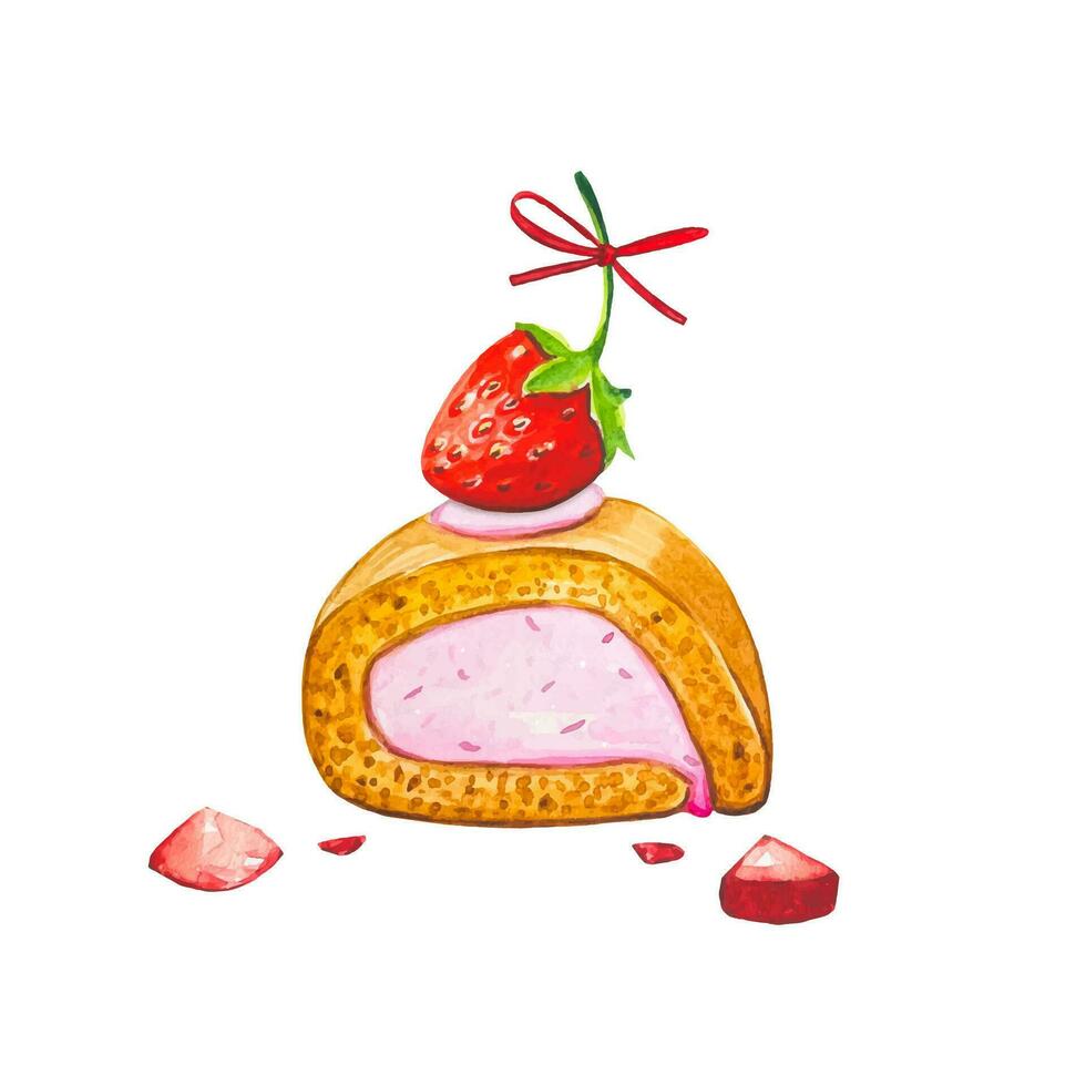 sucré pièce de rouleau avec rose crème et des fraises, aquarelle vecteur