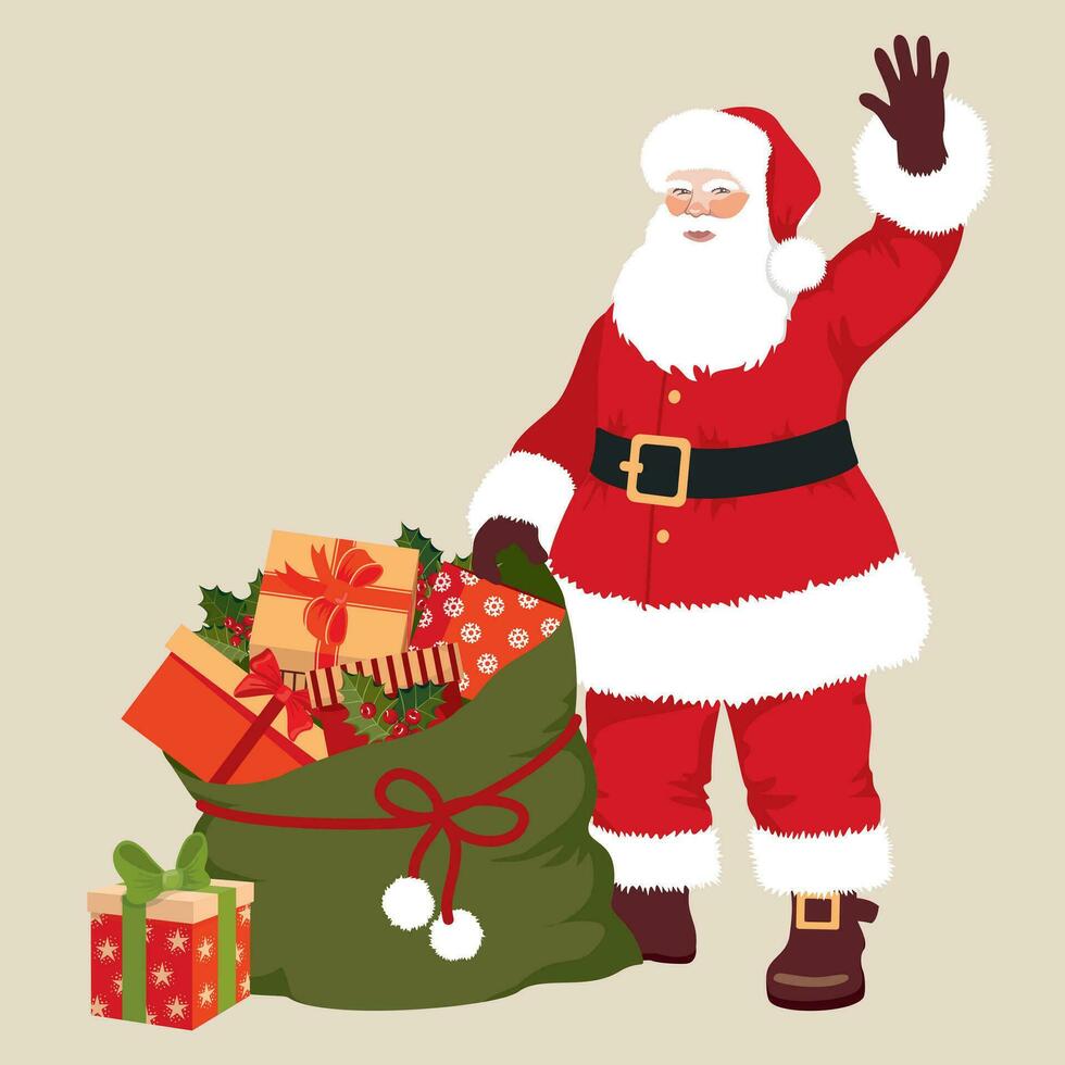 Père Noël claus avec une gros sac de cadeaux. illustré vecteur clipart.