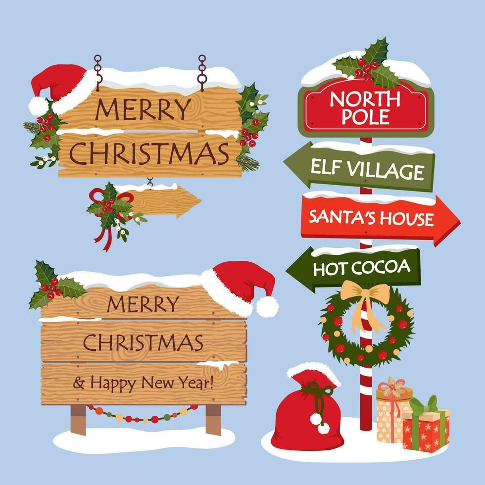 Noël éléments ensemble. couvert de neige en bois panneaux et panneaux. une route signe avec le texte joyeux Noël et Père Noël chapeau. illustré vecteur clipart.