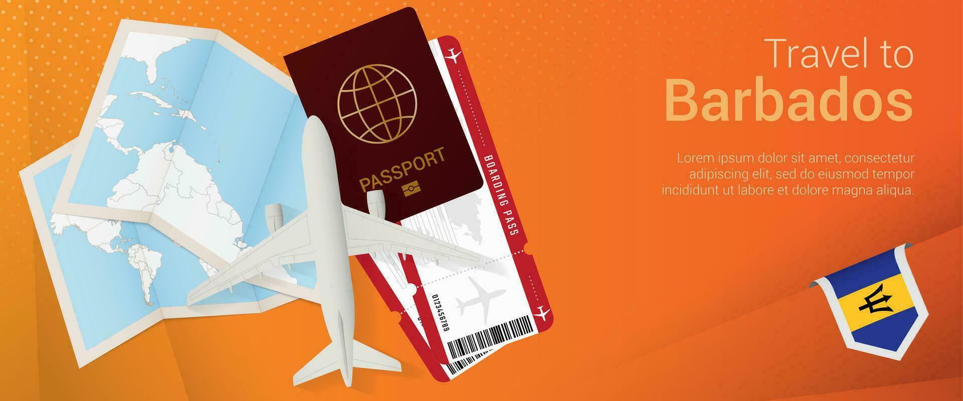 Voyage à Barbade pop-under bannière. voyage bannière avec passeport, des billets, avion, embarquement passer, carte et drapeau de la barbade. vecteur