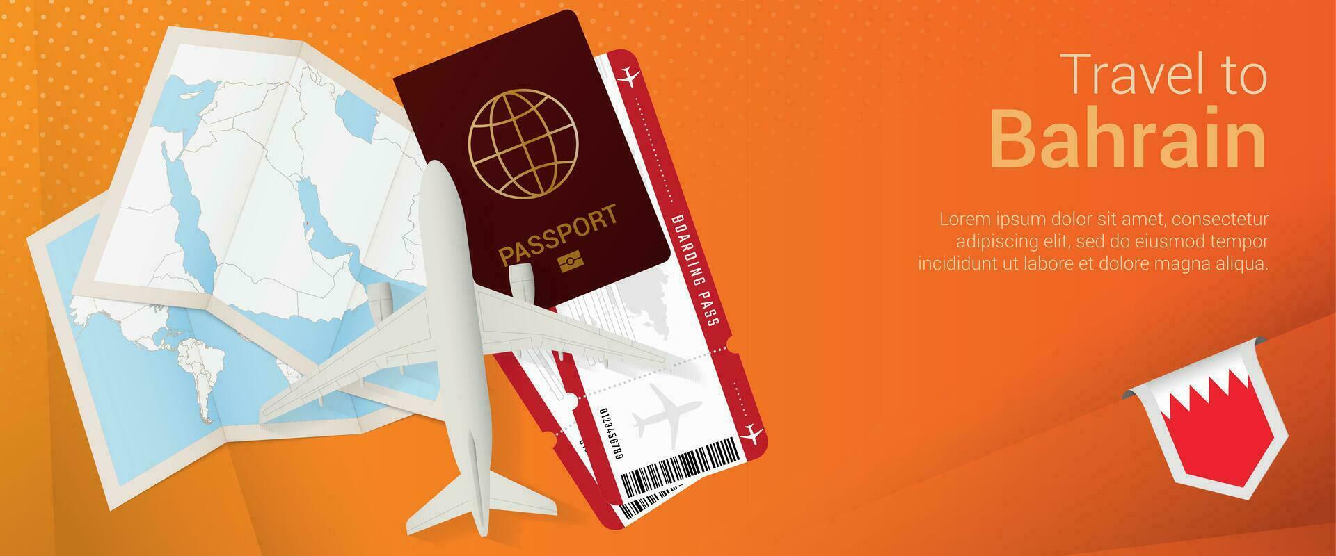 Voyage à Bahreïn pop-under bannière. voyage bannière avec passeport, des billets, avion, embarquement passer, carte et drapeau de bahreïn. vecteur