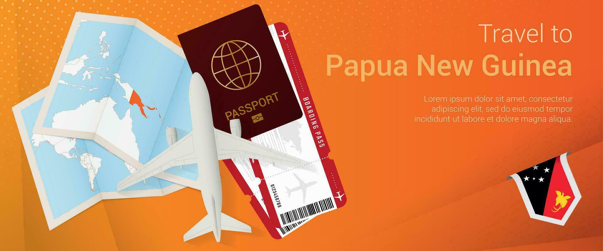 Voyage à papouasie Nouveau Guinée pop-under bannière. voyage bannière avec passeport, des billets, avion, embarquement passer, carte et drapeau de papouasie Nouveau Guinée. vecteur