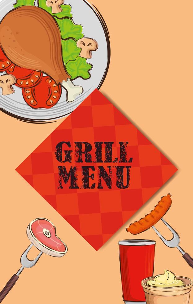 menu grill avec nappe et plats délicieux vecteur