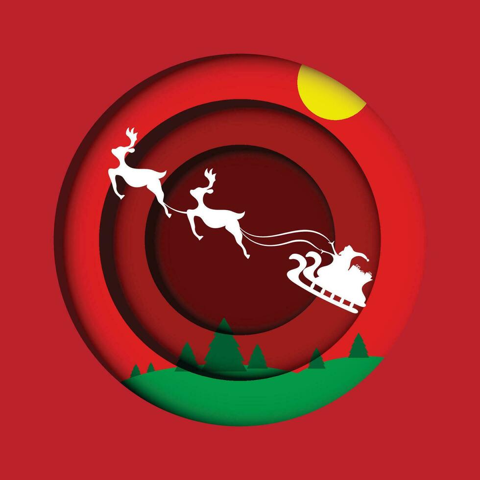 joyeux Noël et content Nouveau année concept hiver paysage dans rouge cercle décoré avec Noël arbre, lune, renne et Père Noël claus. papier art vecteur illustration.