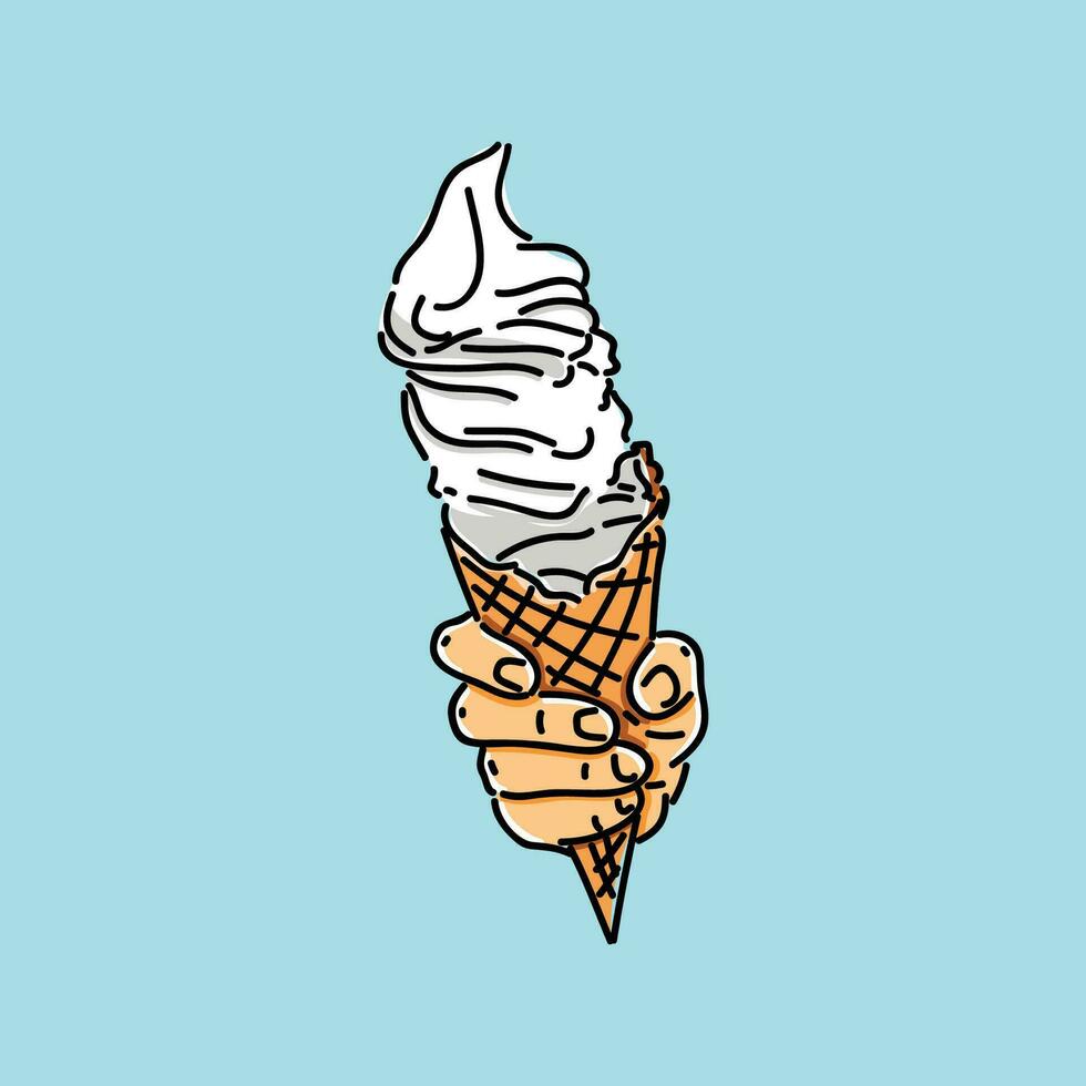 vanille la glace crème cône tenir par main dans une bleu Contexte vecteur conception illustration