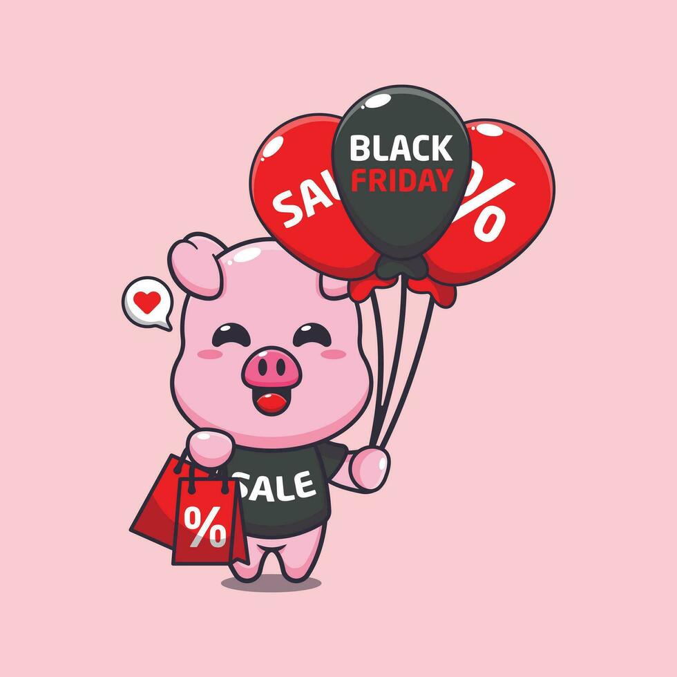 mignonne porc avec achats sac et ballon à noir Vendredi vente dessin animé vecteur illustration