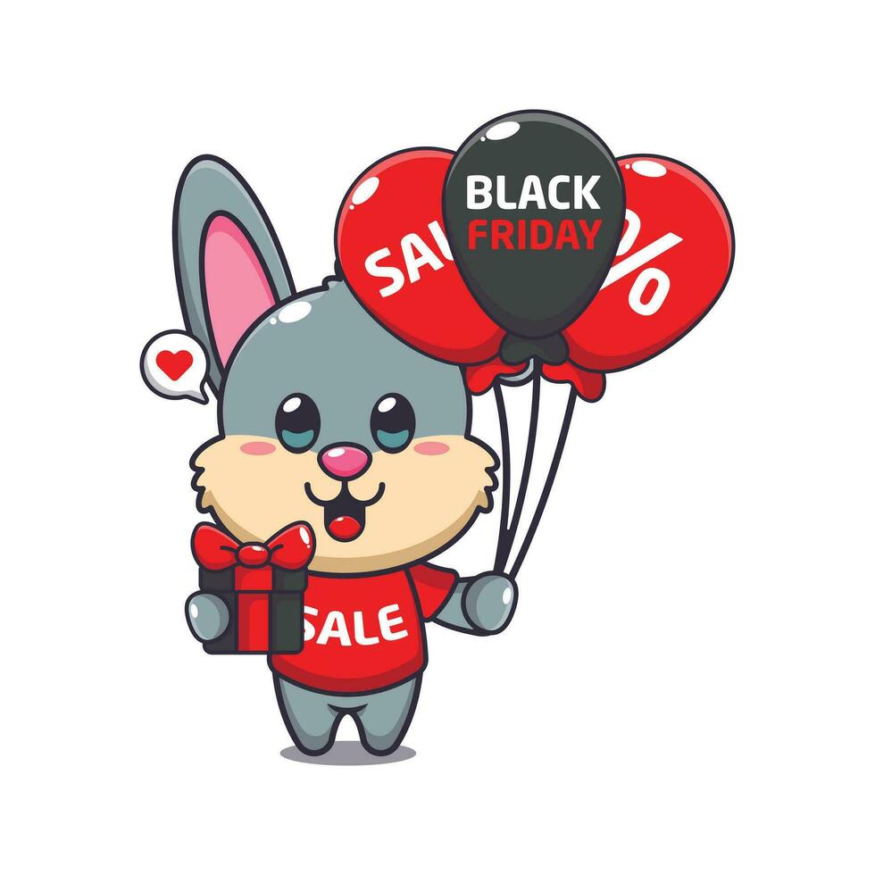 mignonne lapin avec cadeaux et des ballons dans noir Vendredi vente dessin animé vecteur illustration