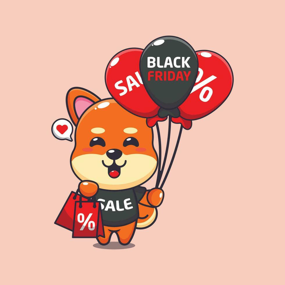 mignonne shiba inu avec achats sac et ballon à noir Vendredi vente dessin animé vecteur illustration