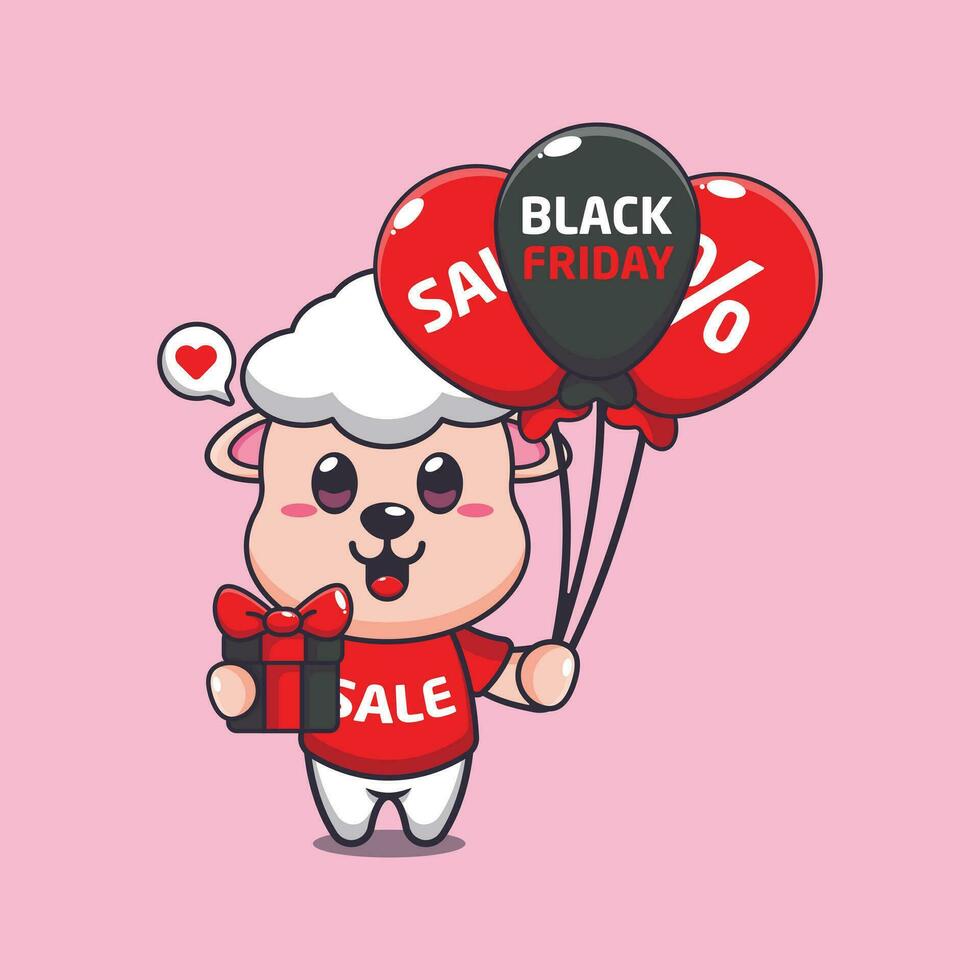 mignonne mouton avec cadeaux et des ballons dans noir Vendredi vente dessin animé vecteur illustration