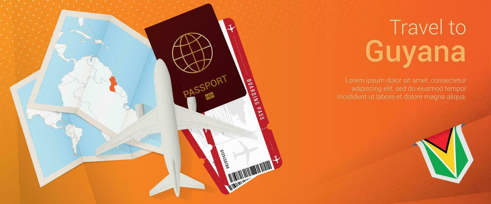 Voyage à Guyane pop-under bannière. voyage bannière avec passeport, des billets, avion, embarquement passer, carte et drapeau de Guyane. vecteur
