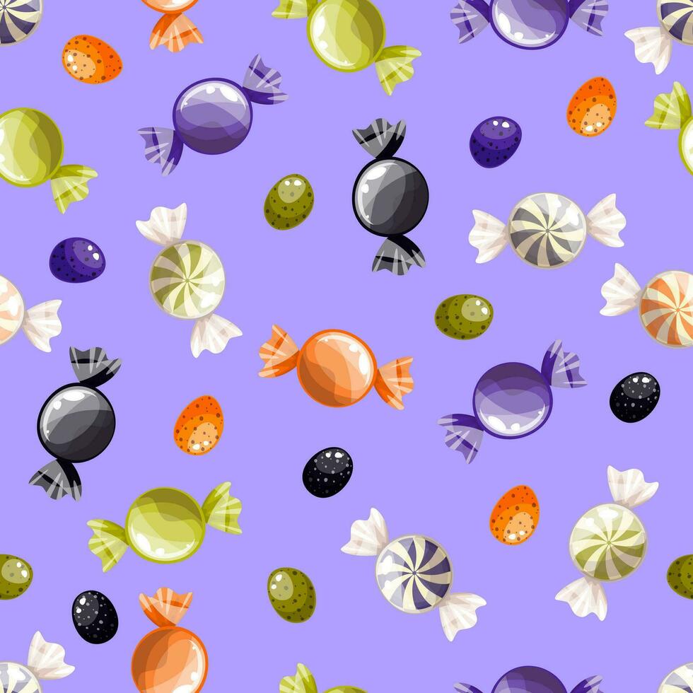 des sucreries Halloween modèle sur une violet Contexte. sucré Halloween bonbons sans couture modèle. tour ou traiter Contexte. bonbons répété texture. bonbons imprimer, fond d'écran vecteur illustration