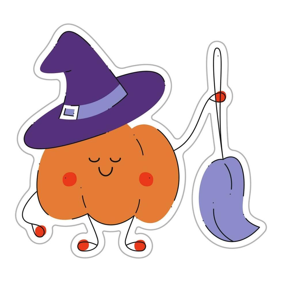 autocollant de Halloween citrouille avec sorcière chapeau et balai. Couleur plat vecteur illustration.