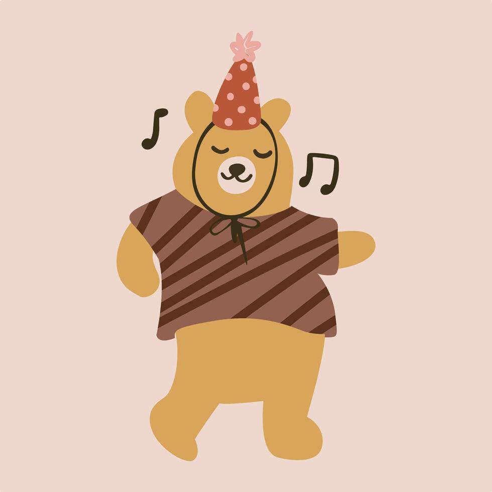 main tiré dessin animé enfants illustration de mignonne Ordinaire ours écoute à la musique et dansant vecteur