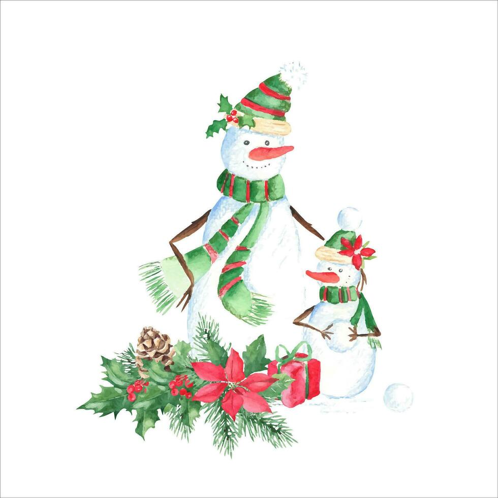 Noël illustration avec mignonne bonhomme de neige famille, cadeau, boules de neige et Noël les plantes pin branches avec cône, houx plante avec rouge baies, poinsettia. vecteur