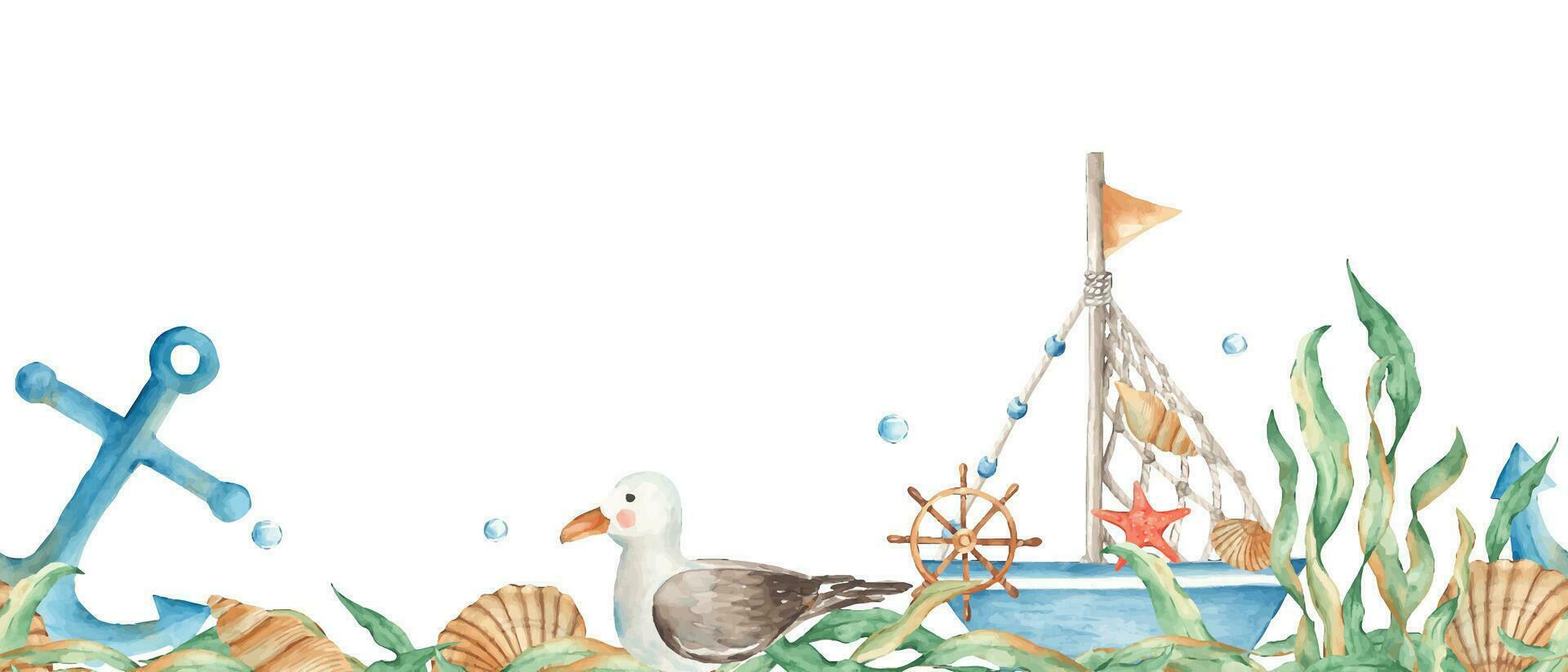 horizontal aquarelle mer, Marin sans couture frontière modèle. bateau, bateau, mouette, algues, coquillages, nautique ancre et l'eau bulles. main tiré illustration. pouvez être utilisé pour en tissu vecteur