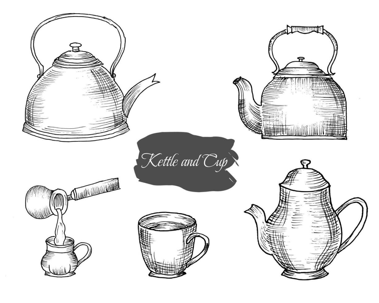 main tiré thé tasse et bouilloire illustration vecteur