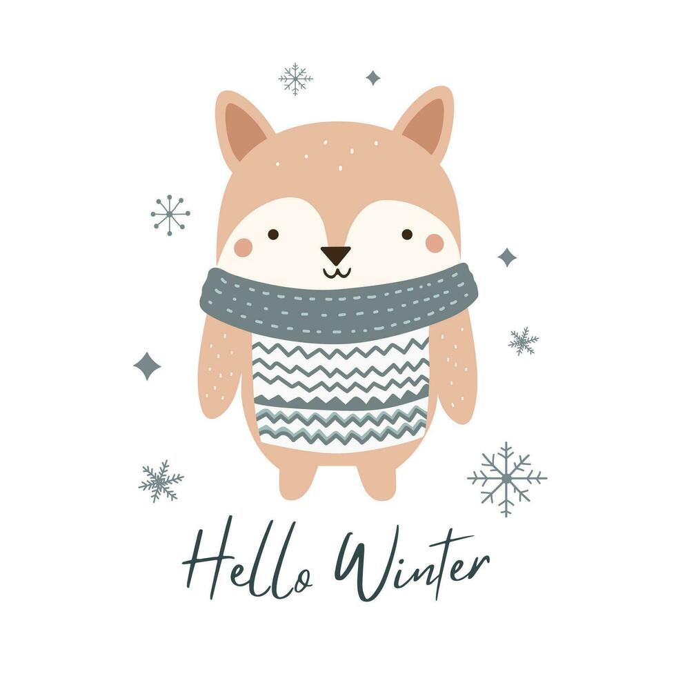 Bonjour hiver minimaliste carte avec mignonne Renard. Noël affiche dans scandinave griffonnage style. hivernal modèle. vecteur
