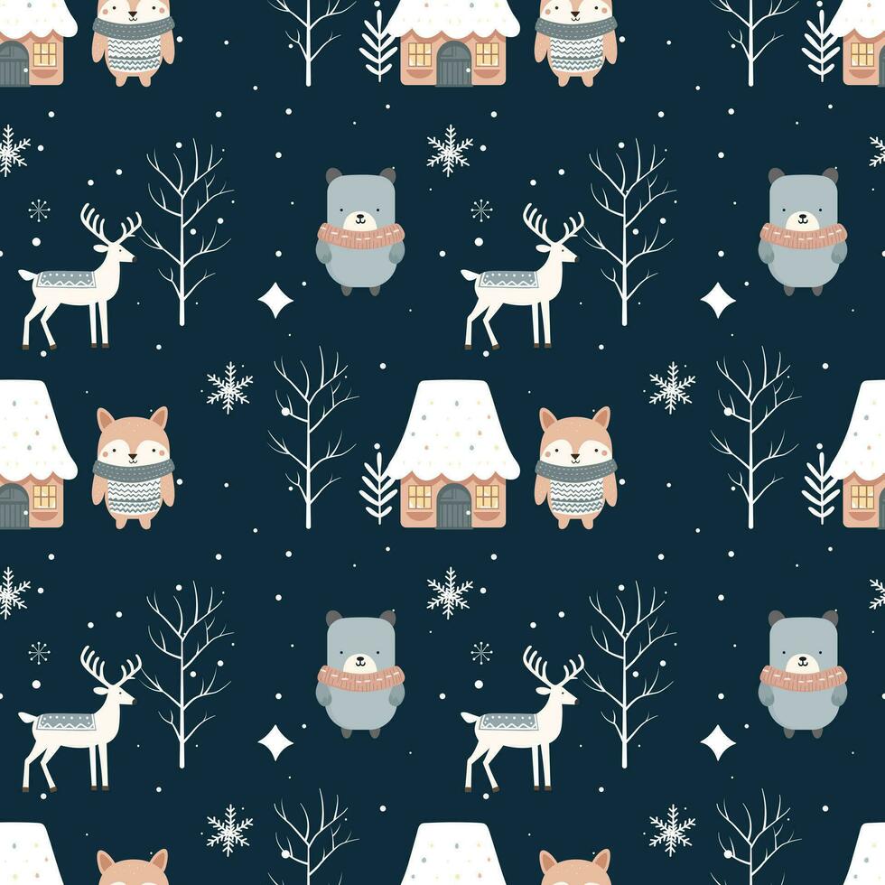 hiver sans couture modèle avec mignonne forêt animaux. scandinave Noël modèle. hiver Contexte vecteur