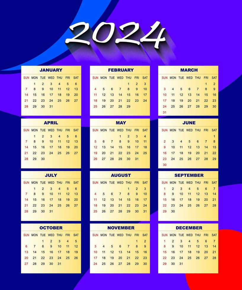 2024 un page mur calendrier conception modèle, moderne 12 mois un page calendrier. moderne mur calendrier conception 2024. impression prêt un page mur calendrier modèle conception pour 2024. la semaine départs sur dimanche. vecteur