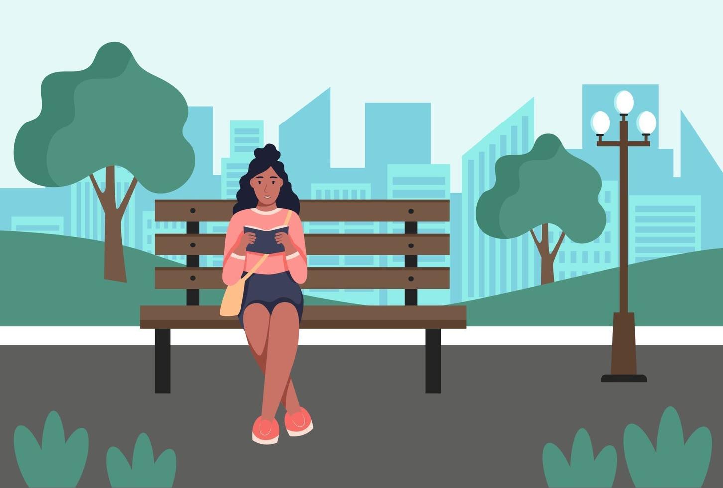 une jeune femme est assise sur un banc dans le parc et lit un livre vecteur
