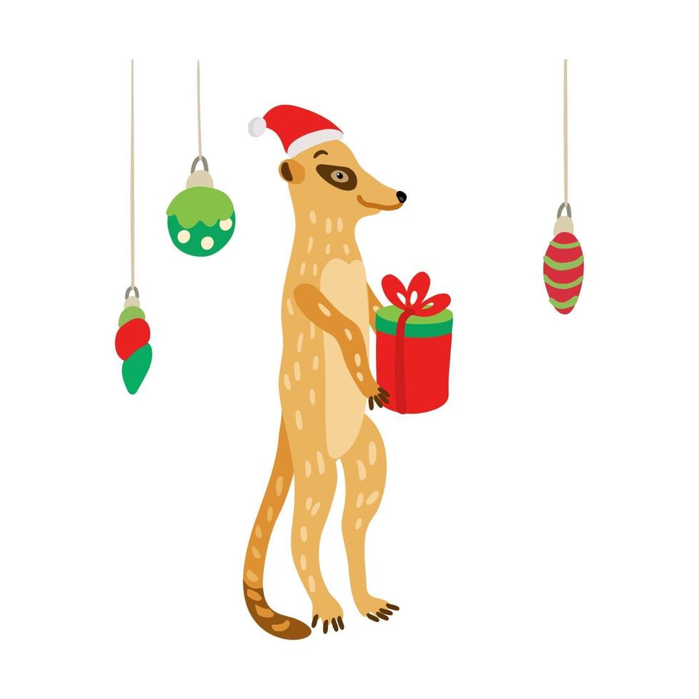 un mignon suricate portant un bonnet de noel avec un cadeau vecteur