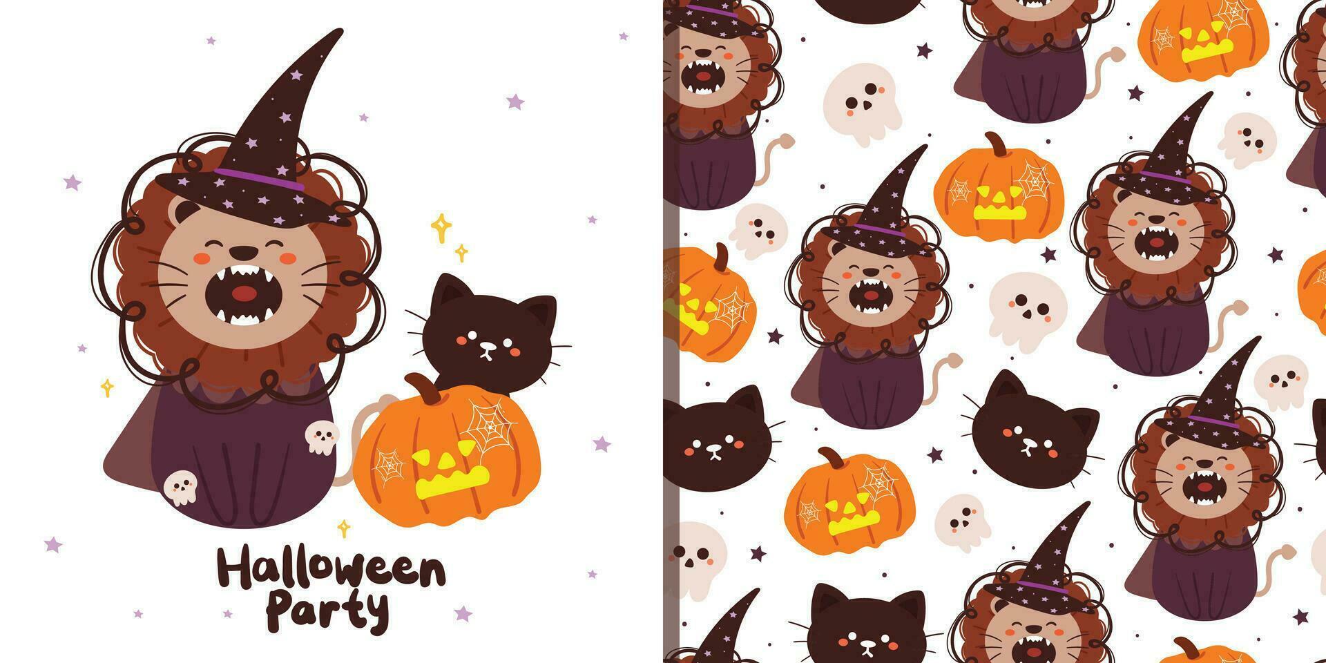 Halloween sans couture modèle et carte avec dessin animé citrouille, lion, et Halloween élément. mignonne Halloween fond d'écran et carte pour vacances thème, cadeau emballage papier vecteur