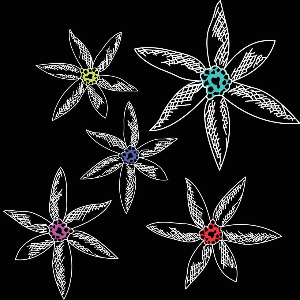 cinq vibrant fleurs contre une foncé toile de fond vecteur