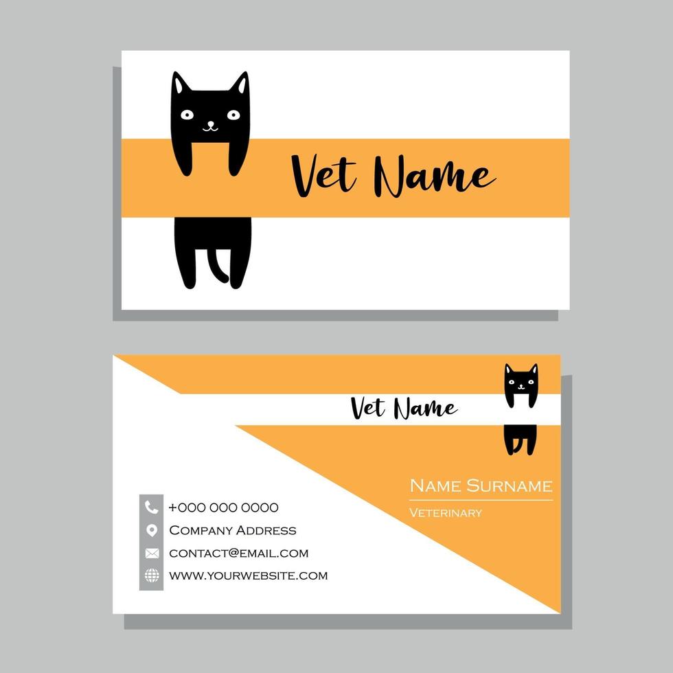 carte de visite vétérinaire blanche et orange avec motif chat noir vecteur
