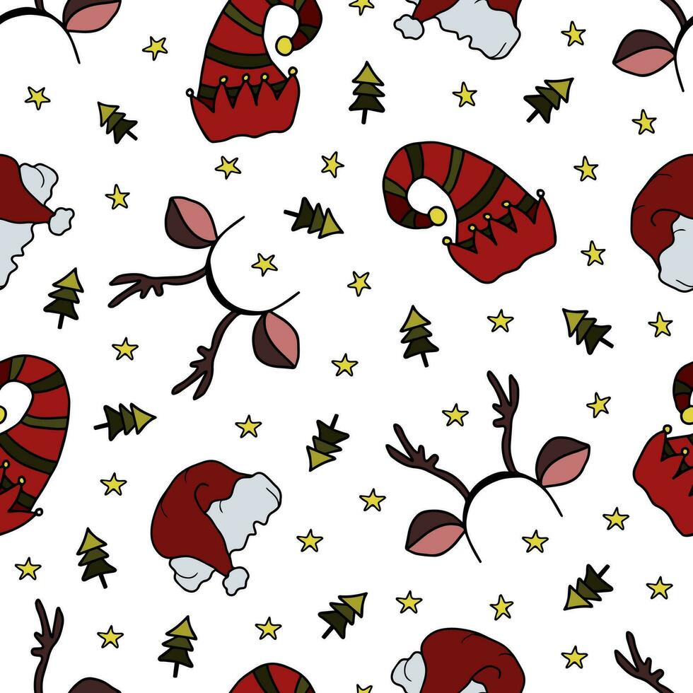 Noël chapeau, elfe chapeau, bandeaux avec jouet renne cornes, sapin des arbres et étoiles coloré griffonnage sans couture modèle. main tiré Noël coiffures sur blanc Contexte. vecteur