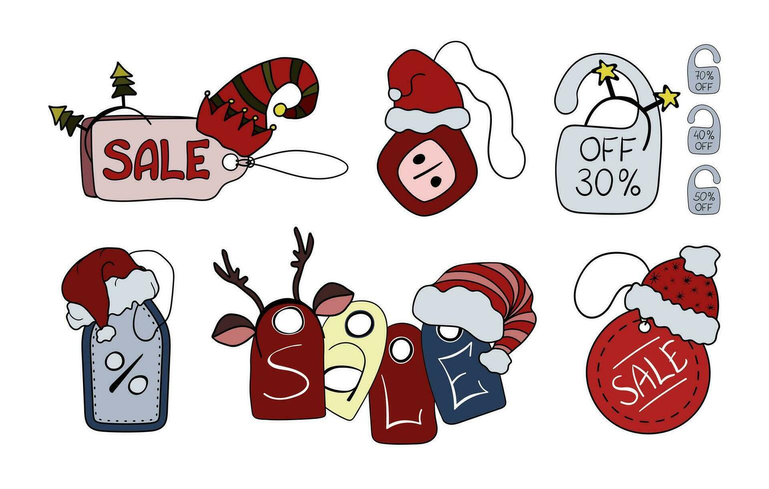 Noël Ventes coloré griffonnage clipart ensemble. mignonne divers prix Mots clés, promotionnel vente badges décoré avec Père Noël Chapeaux, elfe Chapeaux, jouet renne cornes, Noël arbre Bandeau. vecteur